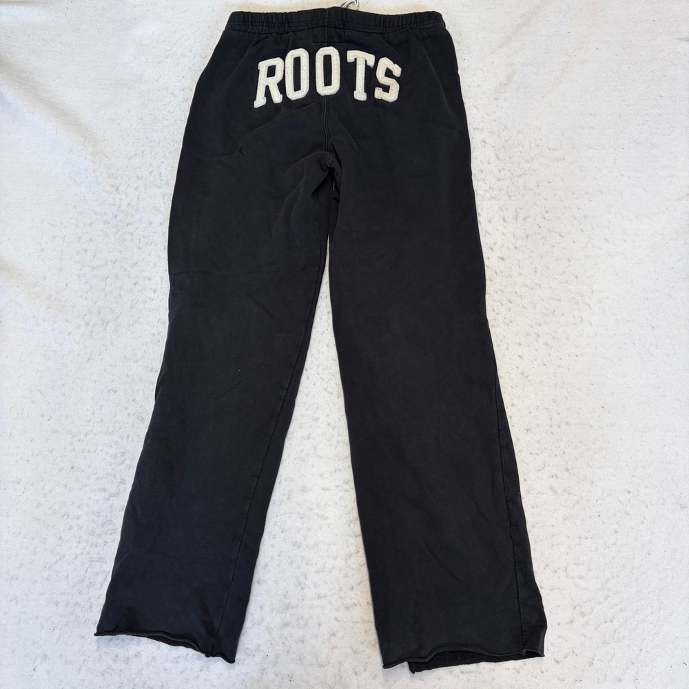 Roots Sweatpants Women Medium Black Raw Hem Logo Graphic Casual